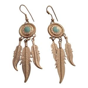 Vintage Silver Tone Feathers & Blue Enamel Southwestern Style Dangle Earrings